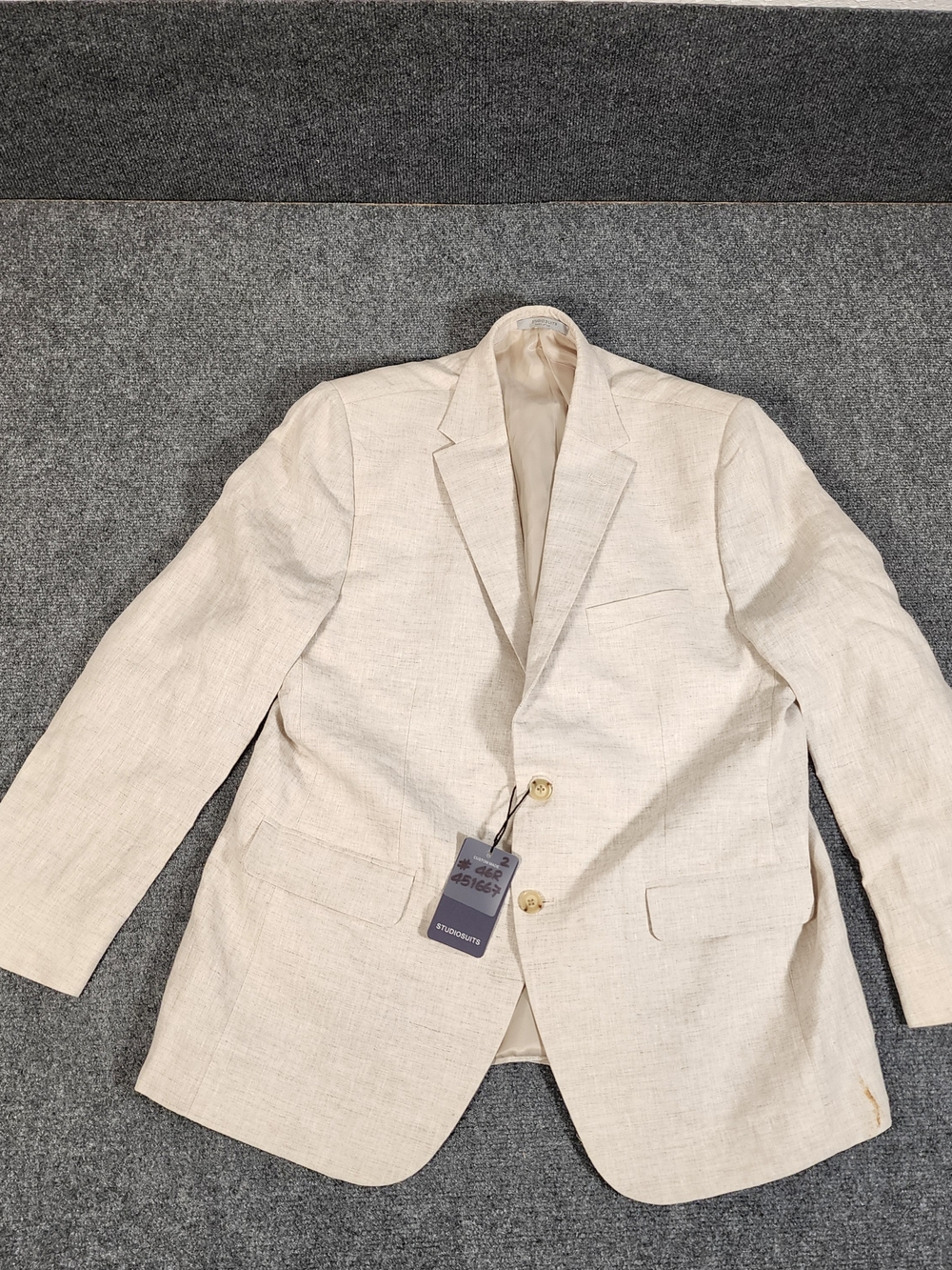 StudioSuits Beige Linen Suit 46R Chest 36R Waist Single-Breasted Notch Lapel